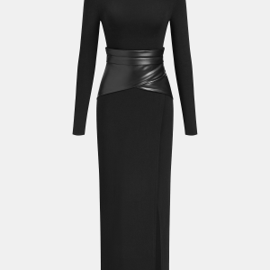 Faux Leather Wrap Waist Dress with Side Slit