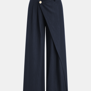 Asymmetric Buckle-Accented Wide-Leg Pants
