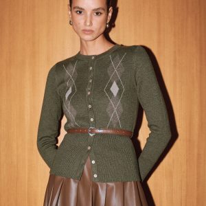 Argyle Wool-Blend Knit Cardigan without Belt