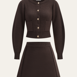 Lamb Sleeve Metal Button Knit Top and Skirt Set