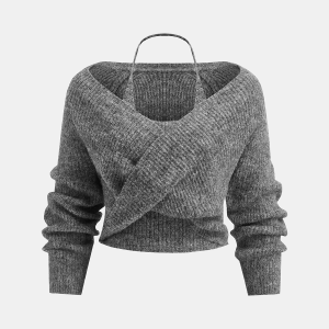 Wool-Blend Two-Piece Set Crossover Halter Knit Top