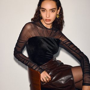 Velvet-Mesh Panel Long-Sleeve Top
