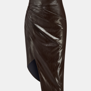 Asymmetric Ruched Slit Faux Leather Midi Skirt