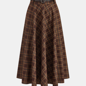 Belted Plaid A-Line Skirt