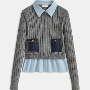 2 in 1 Denim Pocket Collared Rib-Knit Top
