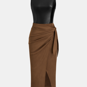 Faux Leather-Panel Tie-Waist Slit Dress