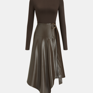 Faux Leather Paneled Knit Asymmetrical Dress