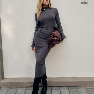 Long Sleeve Ribbed Ruched Maxi Dress