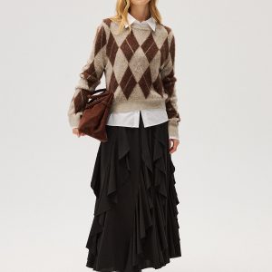 Argyle Pattern Wool Blend Fuzzy Sweater