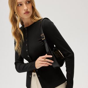 Slim-Fit Ribbed Button-Front Top