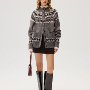 Loose Fair Isle Knit Button Front Cardigan