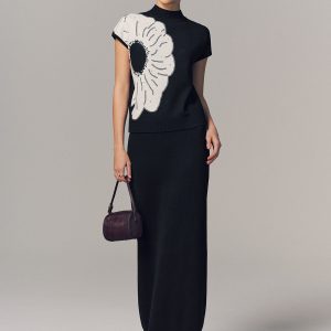 Wool-Blend Floral Print Top & Maxi Skirt Set