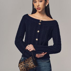 Multi-Way Cable Knit Boat Neck Metal Detail Knitted Top