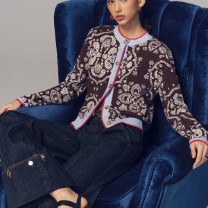 Contrast Trim Paisley Knit Cardigan