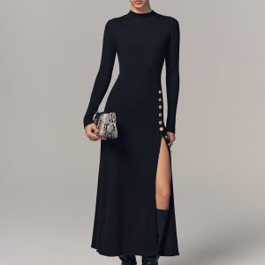 Side Button Slit Rib-Knit Maxi Dress