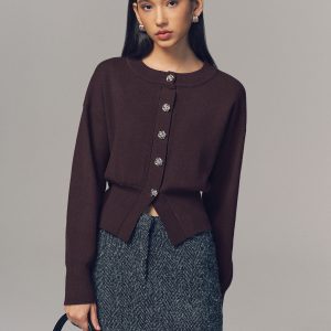 Metal Button Crew Neck Knit Cardigan