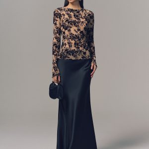 Flocked Sheer Mesh Long Sleeve Top