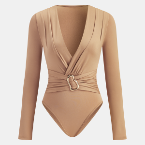 Deep V-Neck Buckle Detail Long Sleeve Bodysuit