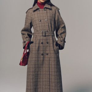 Belted Plaid Double-Breasted Long Trench Coat