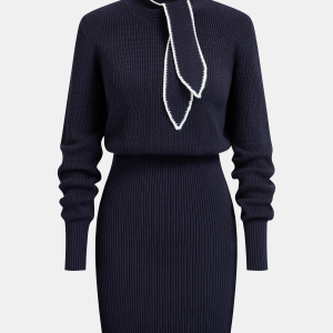 Contrast-Trim Tie-Neck Knit Midi Dress