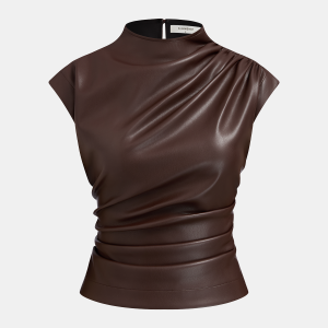 Mock Neck Ruched Cap-Sleeve Faux Leather Top