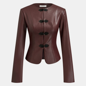 Frog-Closure Faux Leather Blazer