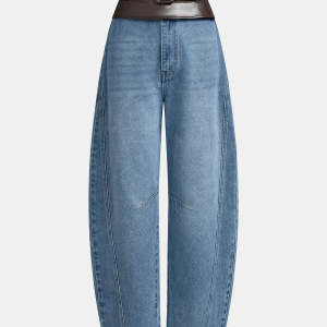 Faux Leather Waistband Denim Curved-Leg Pants