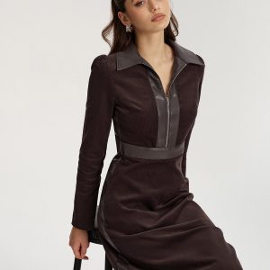 Faux Leather Panel Corduroy Midi Dress