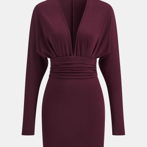 Deep V-Neck Ruched Long-Sleeve Mini Dress