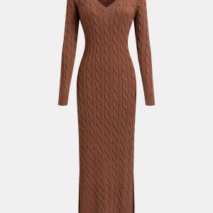 Cable-Knit V-Neck Maxi Sweater Dress