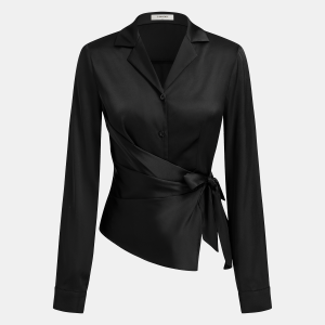 Long Sleeve Lapel Wrap Oversized Satin Shirt