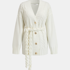 Belted Cable-Knit Cardigan with Metal Button Detail