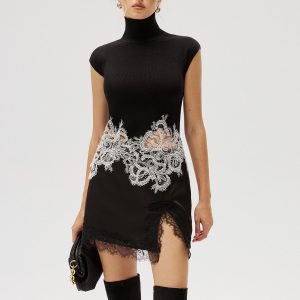 Contrast Lace Panel Sleeveless Turtleneck Vest