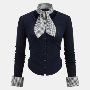 Gingham Cuff Button Front Cardigan with Scarf