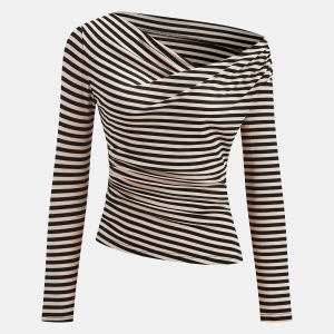 Striped Cowl Neck Ruched Long Sleeve Top