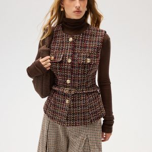 Belted Tweed Sleeveless Vest