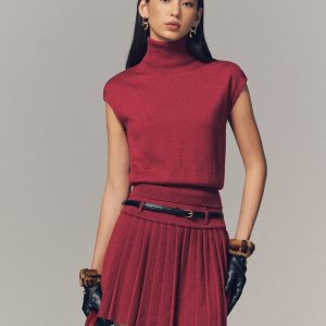 Turtleneck Top & Pleated Mini Skirt Set with Belt