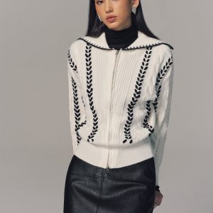 Contrast Trim Cable Knit Zip-Up Cardigan