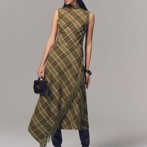 Plaid Fringe Sleeveless Cotton Maxi Dress