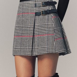 Double Belt Accent Houndstooth Mini Skirt