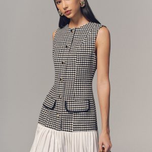 Houndstooth Sleeveless Pleated Hem Mini Dress