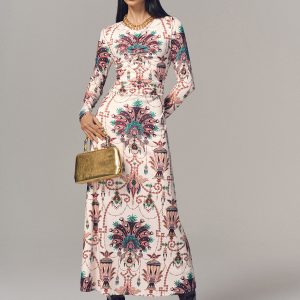 Ruched Printed Long-Sleeve Maxi Dress