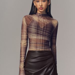 Semi-Sheer Plaid Mesh Top