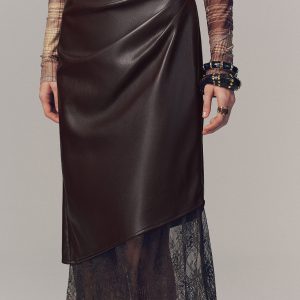 Lace Hem Faux Leather Ruched Midi Skirt