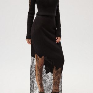 Lace Panel Asymmetric Midi Skirt