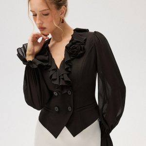 Chiffon Ruffle Rose Double-Breasted Blouse