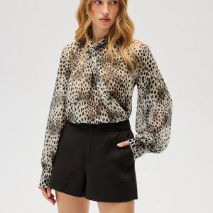 Semi-Sheer Chiffon Leopard Print Tie Neck Shirt