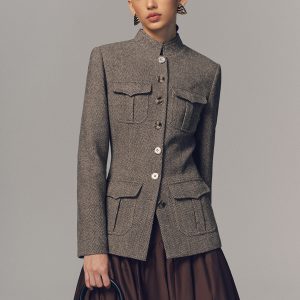 Herringbone Stand Collar Multi-Pocket Jacket