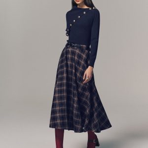 Belted Plaid A-line Midi Skirt