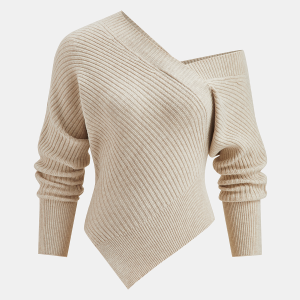 Asymmetric Neck Ribbed Knit Sweater